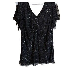 Adrianna Papell Black Sequin Beaded Plus Size 2X Top Blouse Party Glam
